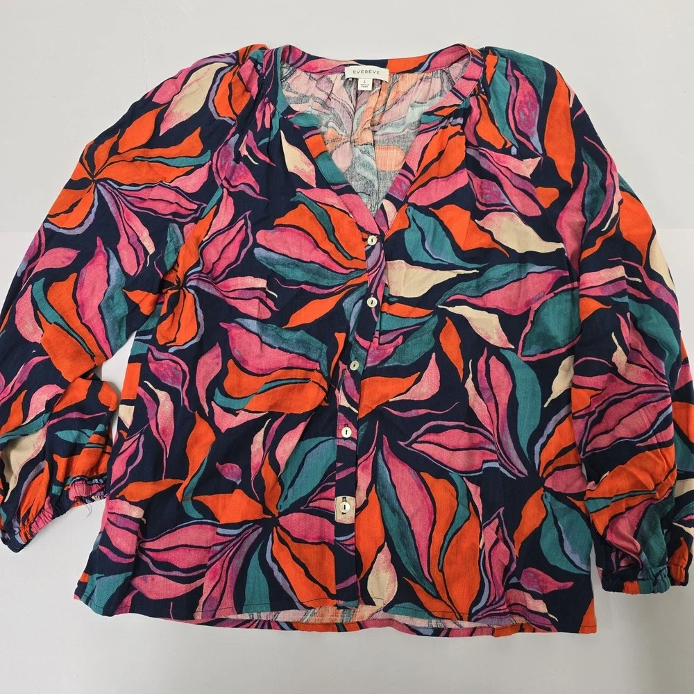 Evereve Womens Floral V-Neck Button Front Rayon Blouse Multicolor Size L‎